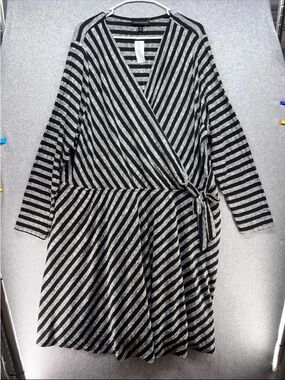 Lane Bryant Black and Gray Striped Wrap-Style Midi Dress